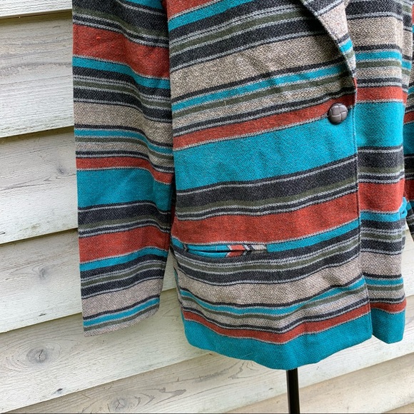 Vintage 80s Wool Blend Striped Print Collared V-Neck Long Sleeve Casual Jacket - Picture 11 of 16